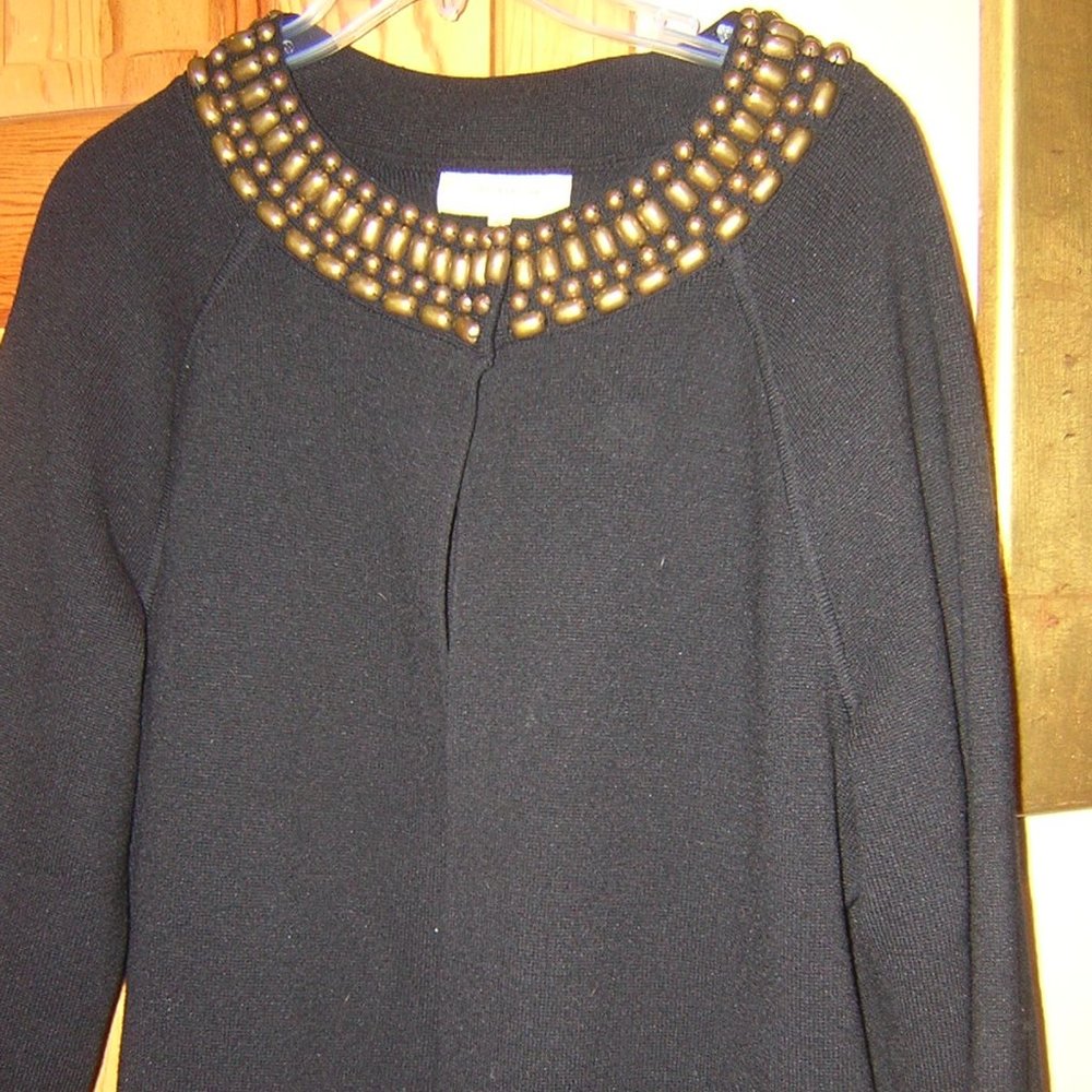 JONES NEW YORK COAT SWEATER ~Black with Brass Tone Accents at Collar ~ Size: XL
